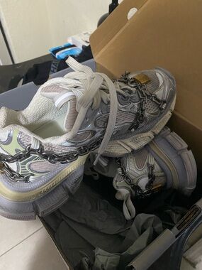 Chunky White and Light Gray Chain-Accented Sneakers